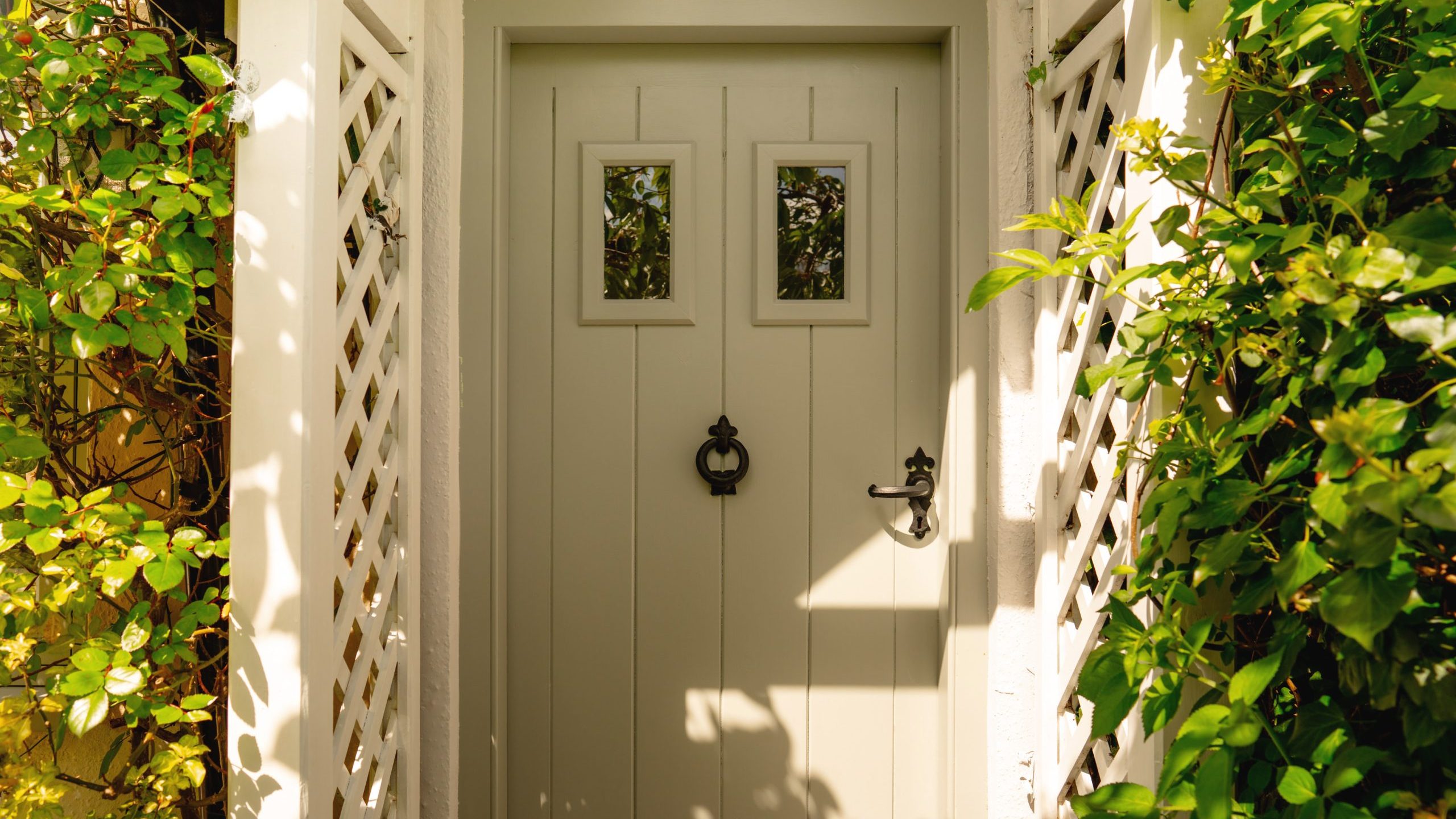A white door with two small square windows and black metal hardware, set in a sunlit entryway flanked by lush green foliage.