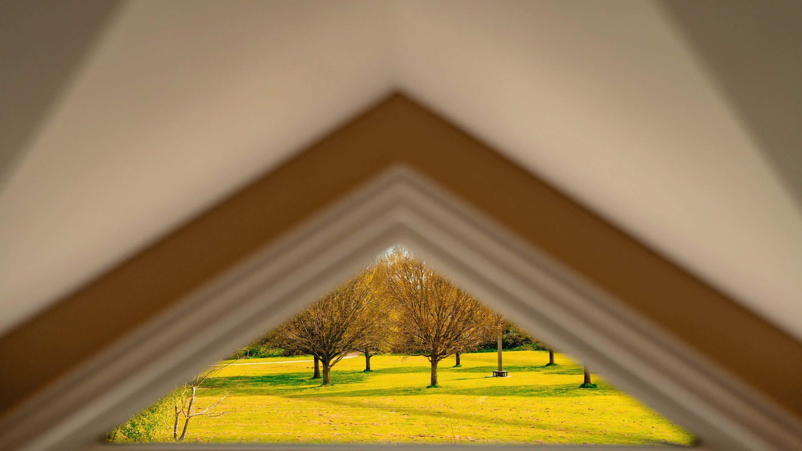 View of a park with trees and a grassy field, framed by overlapping triangular wooden beams creating a peek-through effect.