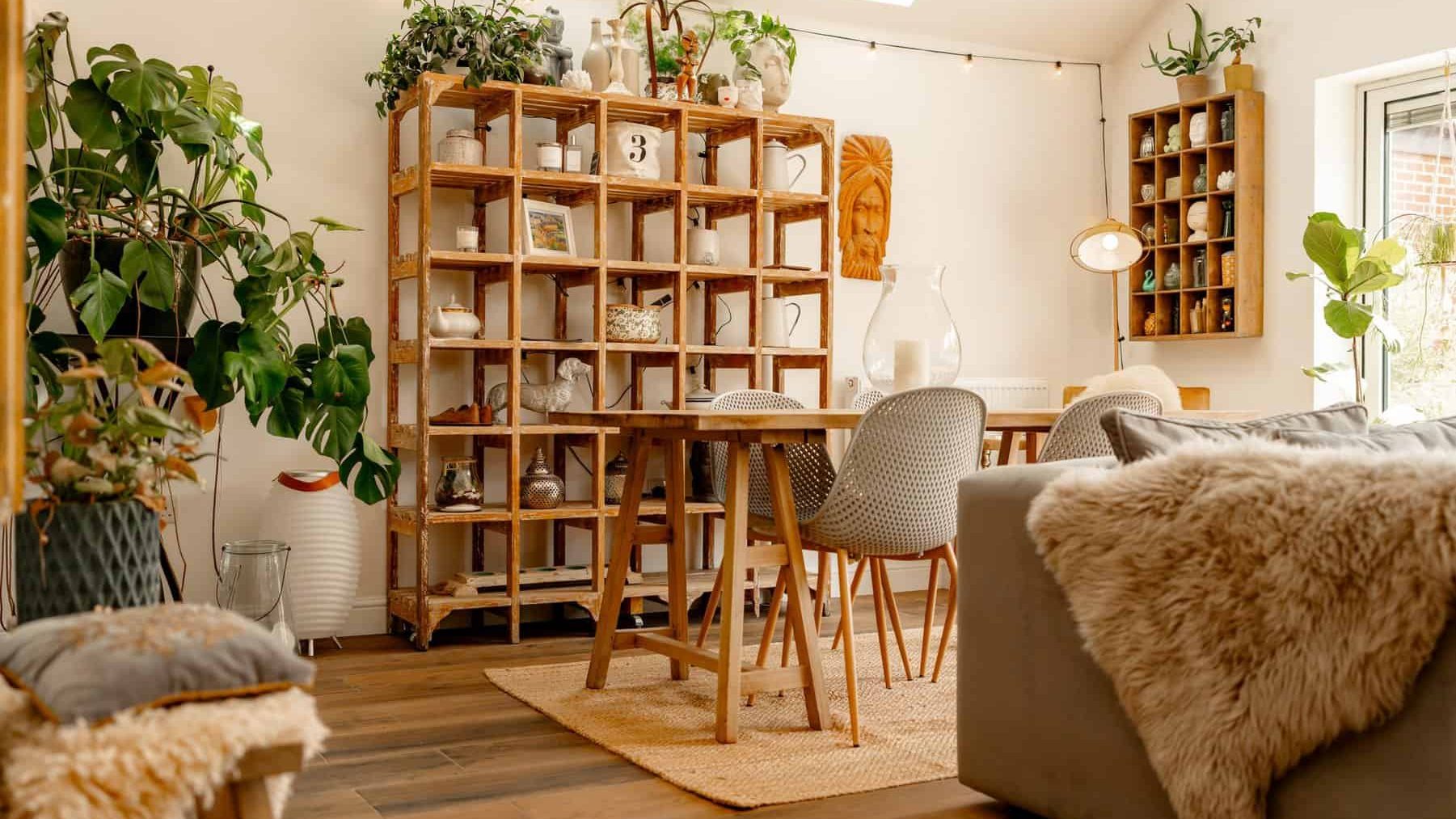 A cozy living room with wooden flooring, featuring a large plant-filled bookshelf, a small dining table with chairs, and a sofa draped with a fur blanket. natural light filters in from a window.