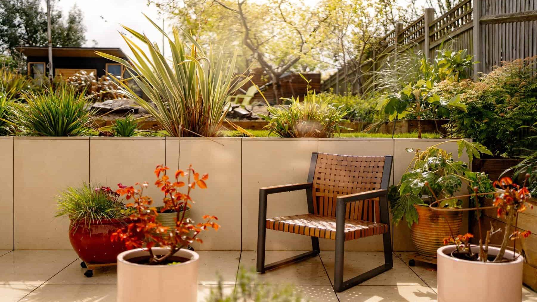 A sunlit backyard garden featuring a variety of lush plants and flowers, with a single wooden chair placed on a paved patio, inviting relaxation.