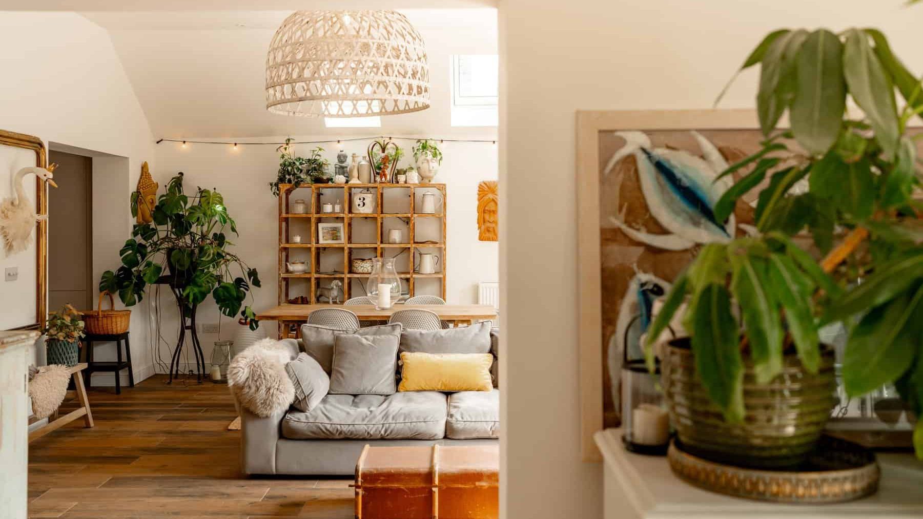 A cozy, well-lit living room with a plush sofa, decorative pillows, a large wicker pendant lamp, and numerous houseplants. a wooden bookshelf with various decor items and books completes the scene.