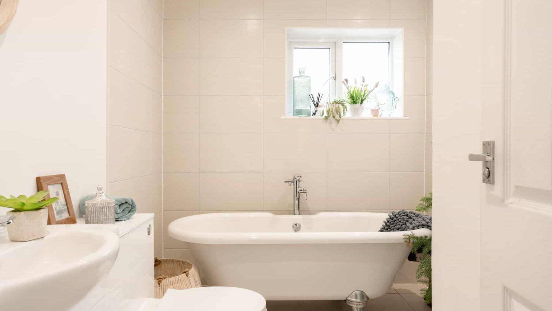 A modern bathroom with a freestanding bathtub, a sink, a toilet, and a window displaying various plants. the walls are tiled in a light beige color.