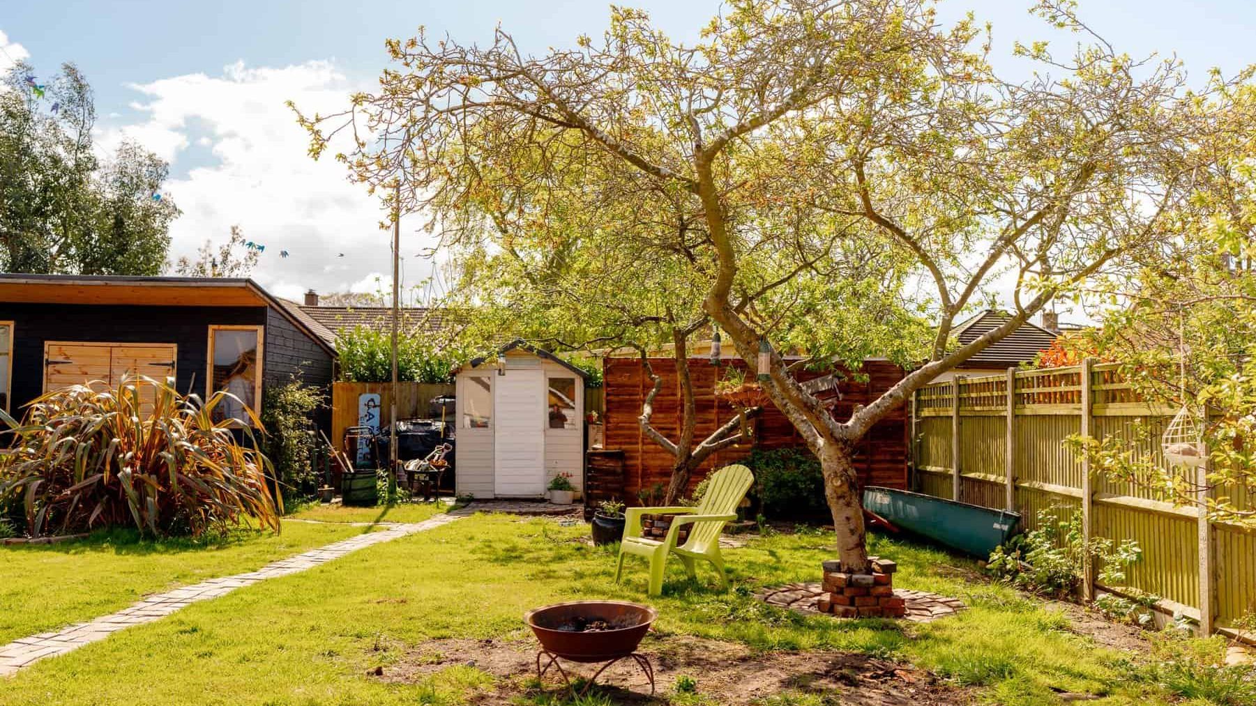 A sunny backyard featuring a lush green garden with a prominent tree in the center, surrounded by a shed, fence, and a fire pit with seating.