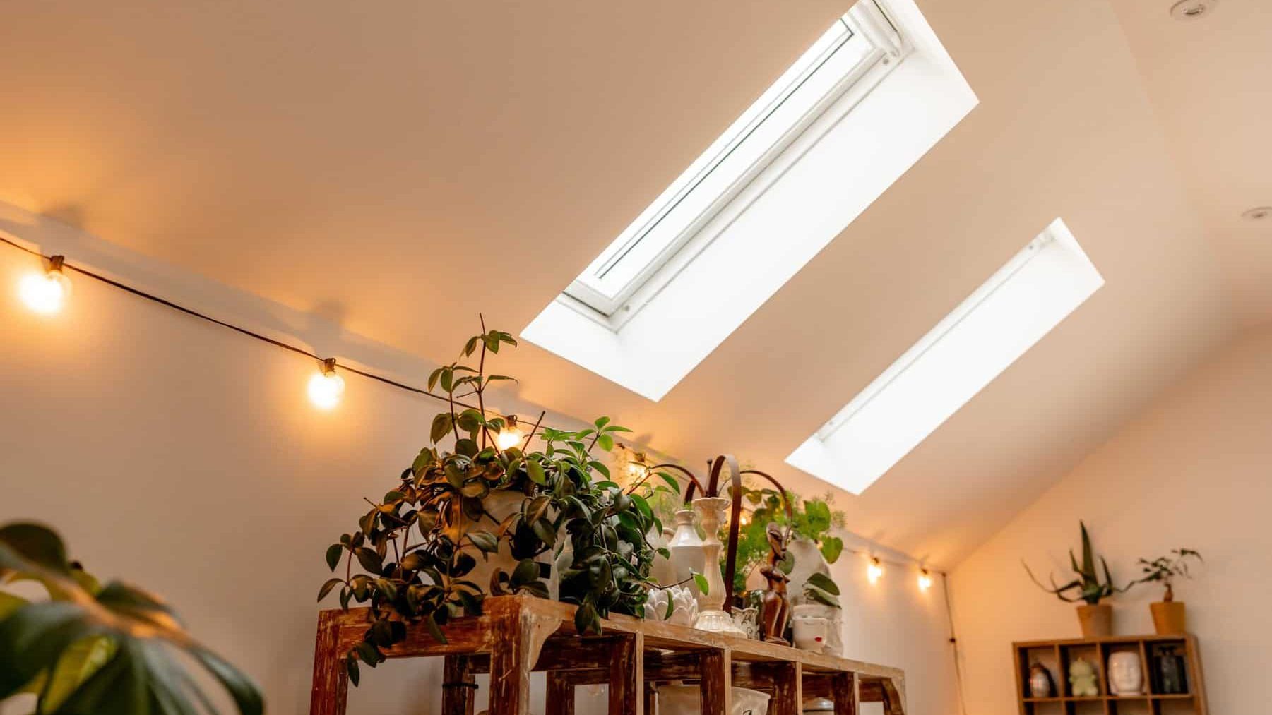 A cozy indoor space with skylights illuminating a wooden plant stand filled with lush greenery. string lights add a warm glow to the room, complemented by a shelved background.