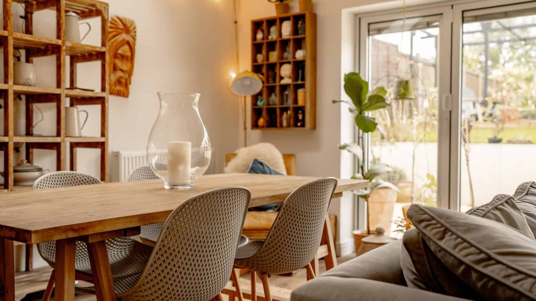 A cozy, sunlit living room with a wooden dining table and chairs, a sofa, and tasteful decorations. glass doors lead to the outside, and string lights add a warm glow to the space.