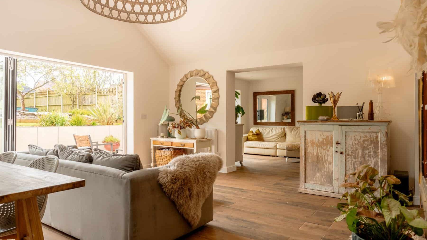 A stylish living room features a gray sofa, wooden flooring, and a large sliding door leading to the garden. decor includes a vintage cabinet, a large circular mirror, and a decorative chandelier.