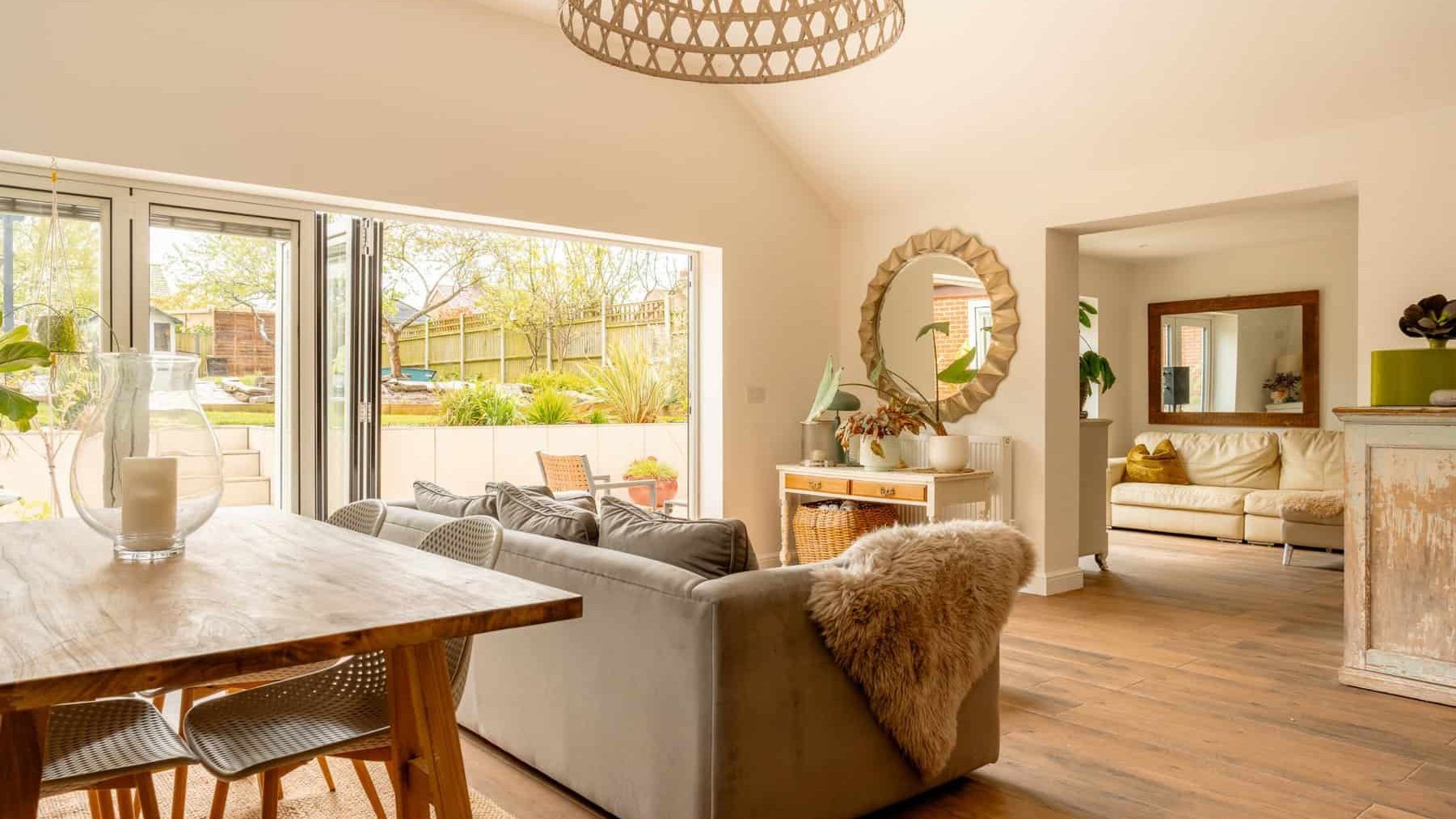 A bright and spacious living room with large sliding glass doors opening to a garden, featuring a modern sofa, a wooden dining table, and an ornate ceiling light. decor includes a mirror and plants.