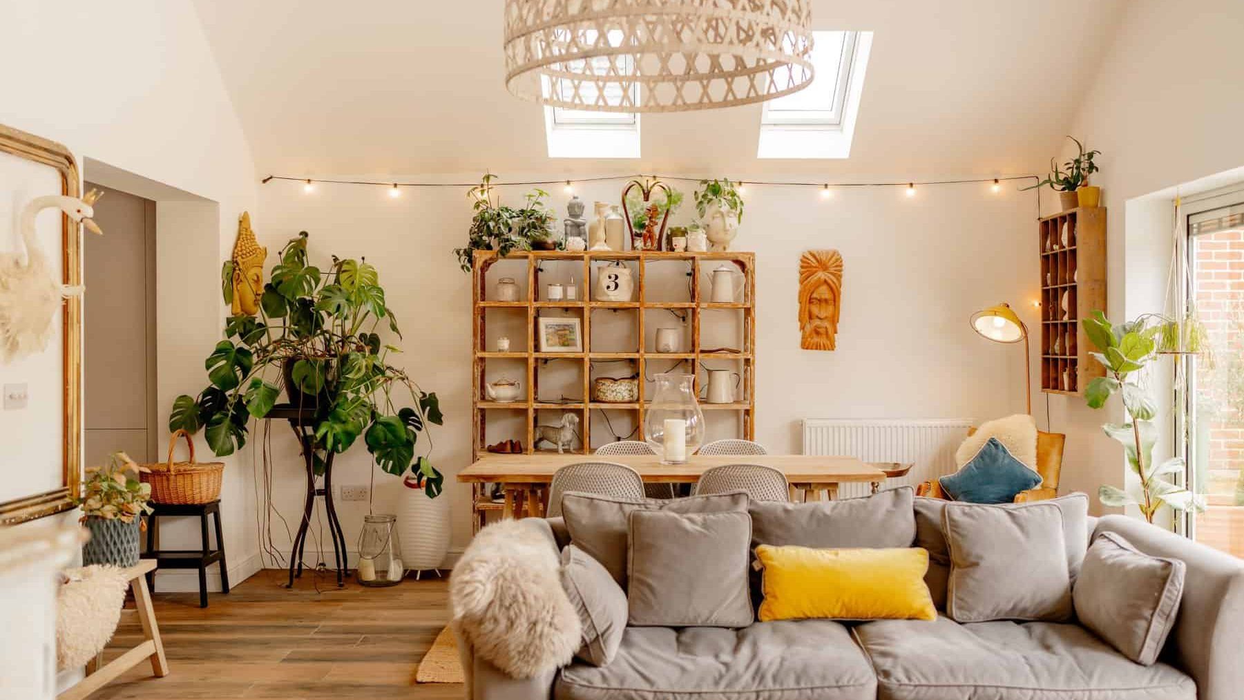 A cozy living room with a beige sofa, wooden dining table, and shelving unit adorned with plants and decor. string lights add a warm ambiance to the space with large windows providing natural light.