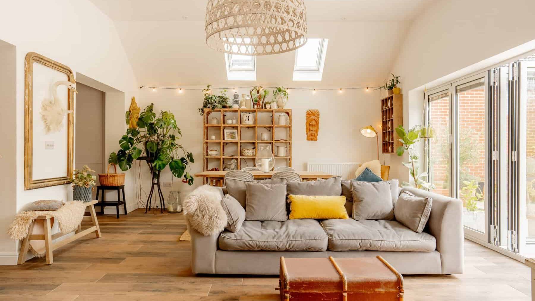 Bright, cozy living room with sloped ceiling, featuring a grey sofa with yellow pillows, a brown leather ottoman, plants, string lights, and a large pendant lamp. wooden flooring and doors to the garden visible.