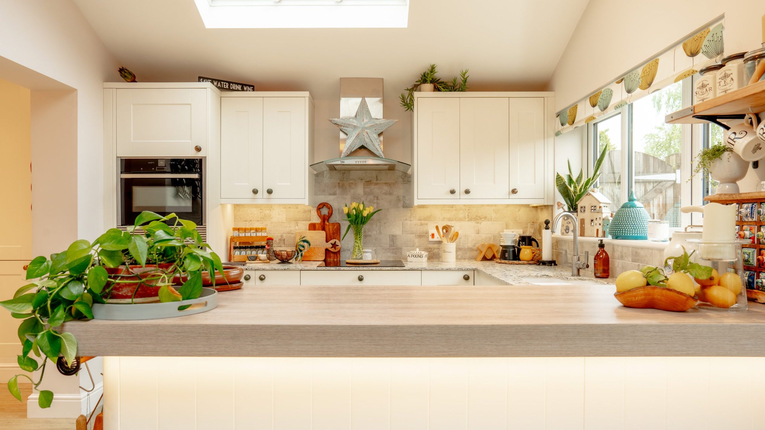 A bright, spacious kitchen with white cabinetry, modern appliances, and a long island counter. various plants and decorative items add a cozy, lived-in feel. natural light streams in through skylights.