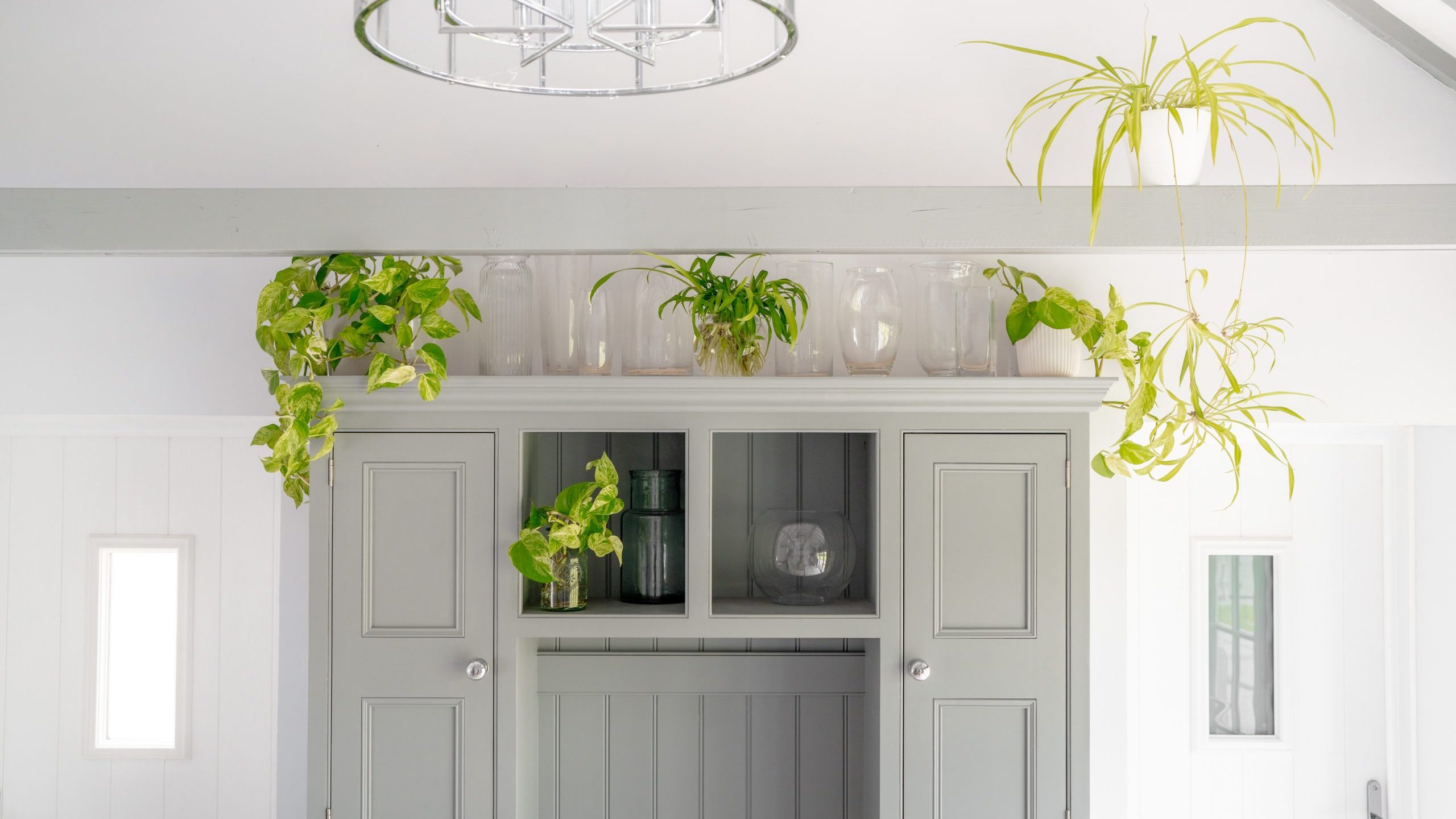 A minimalist kitchen scene featuring a light gray cabinet adorned with potted green plants on the top, adding a touch of nature. A modern, circular metallic light fixture hangs from the white ceiling above the cabinet. White walls and windows provide a bright background.
