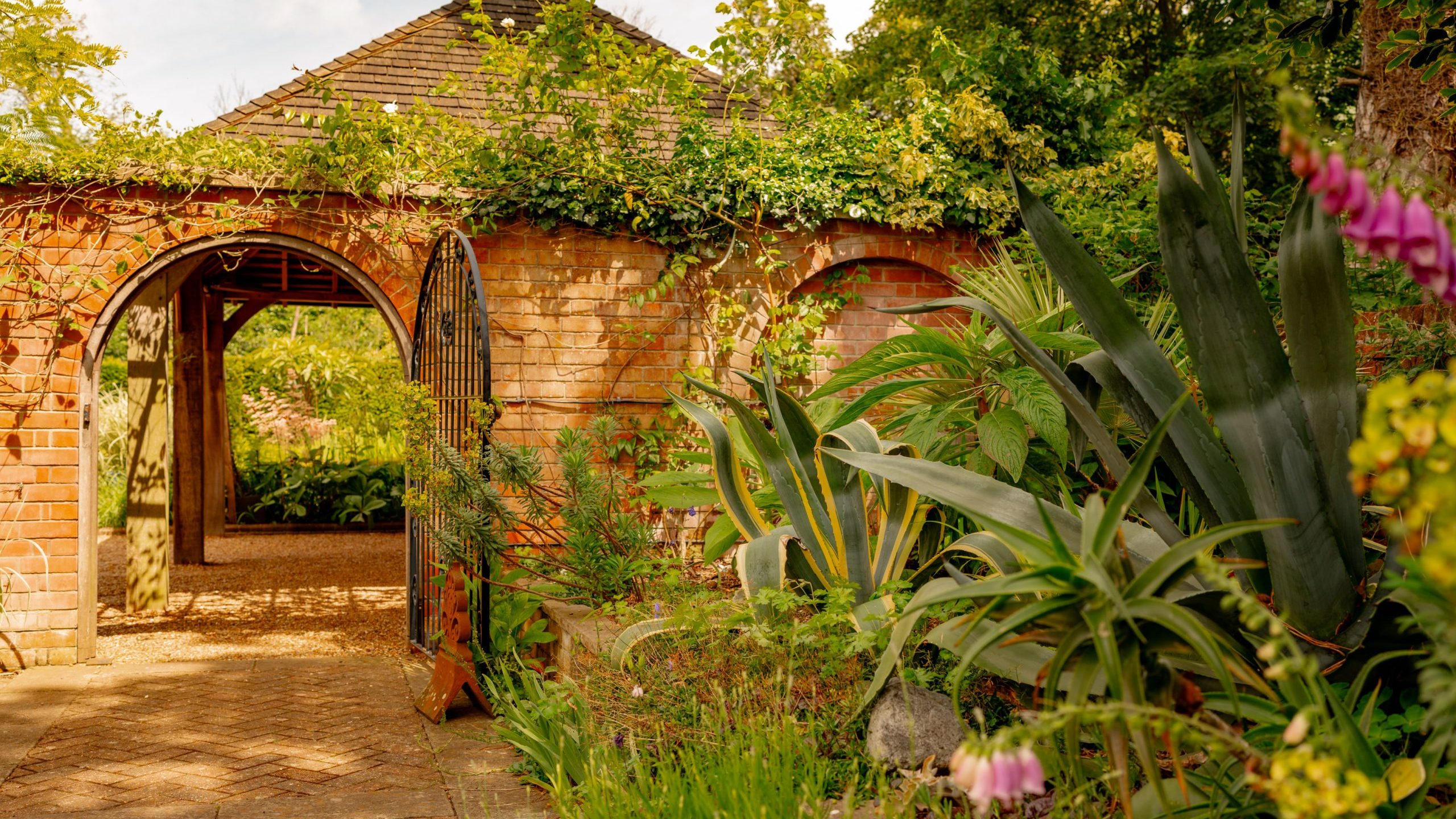A lush garden featuring a brick archway covered in green vines and surrounded by various plants including tall agave and colorful flowers. The sun casts a warm glow, highlighting the intricate, inviting path leading into the garden through an open wrought iron gate.