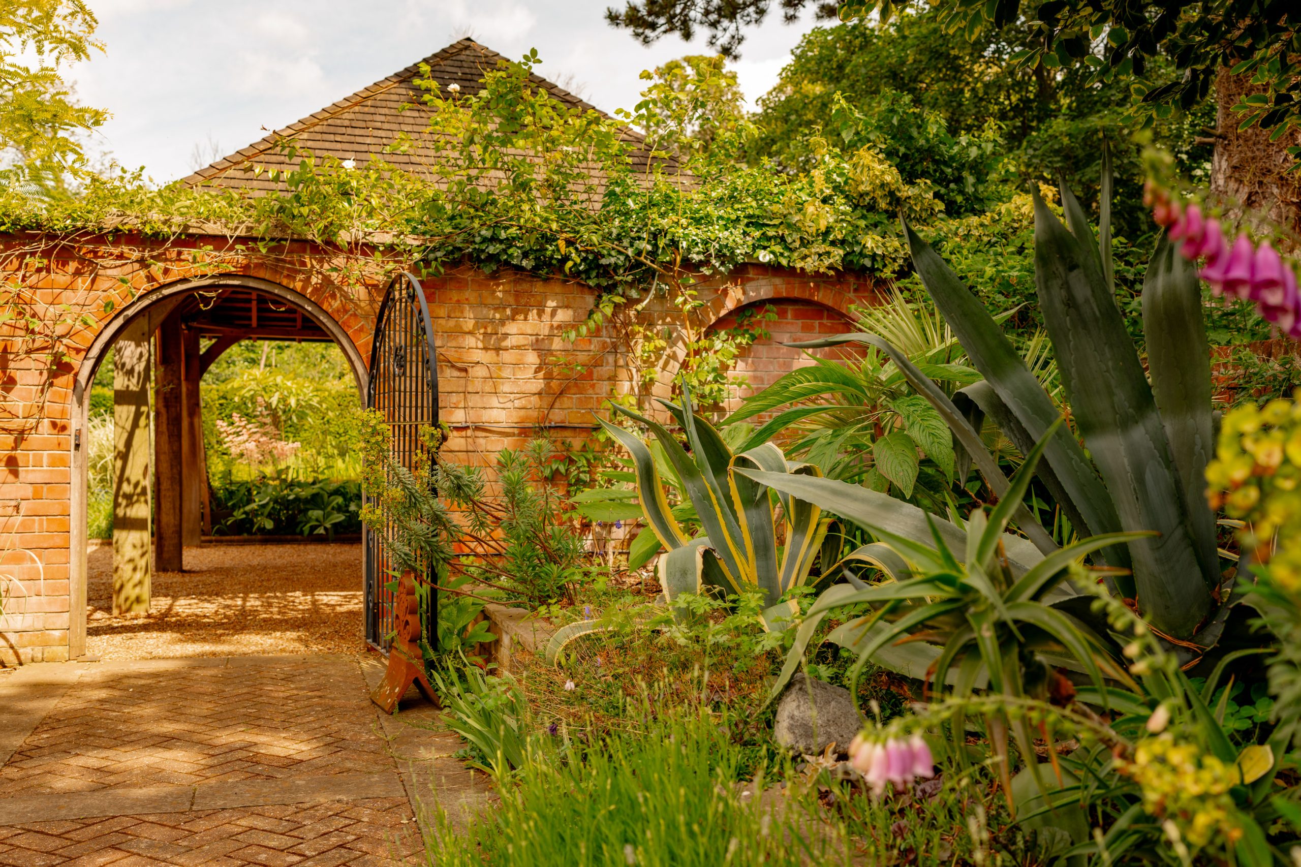 A lush garden featuring a brick archway covered in green vines and surrounded by various plants including tall agave and colorful flowers. The sun casts a warm glow, highlighting the intricate, inviting path leading into the garden through an open wrought iron gate.