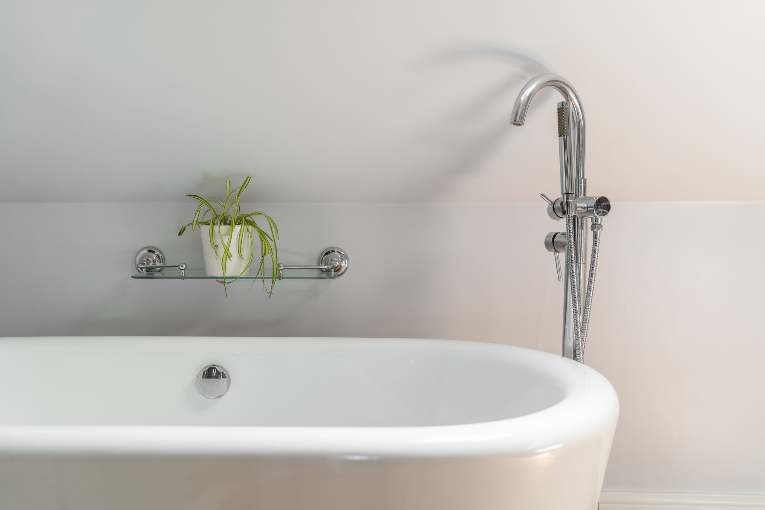 A modern, minimalistic bathroom features a sleek white bathtub with a chrome faucet and handheld shower. A small potted plant rests on a glass shelf above the tub, adding a touch of greenery to the clean, light-filled space.