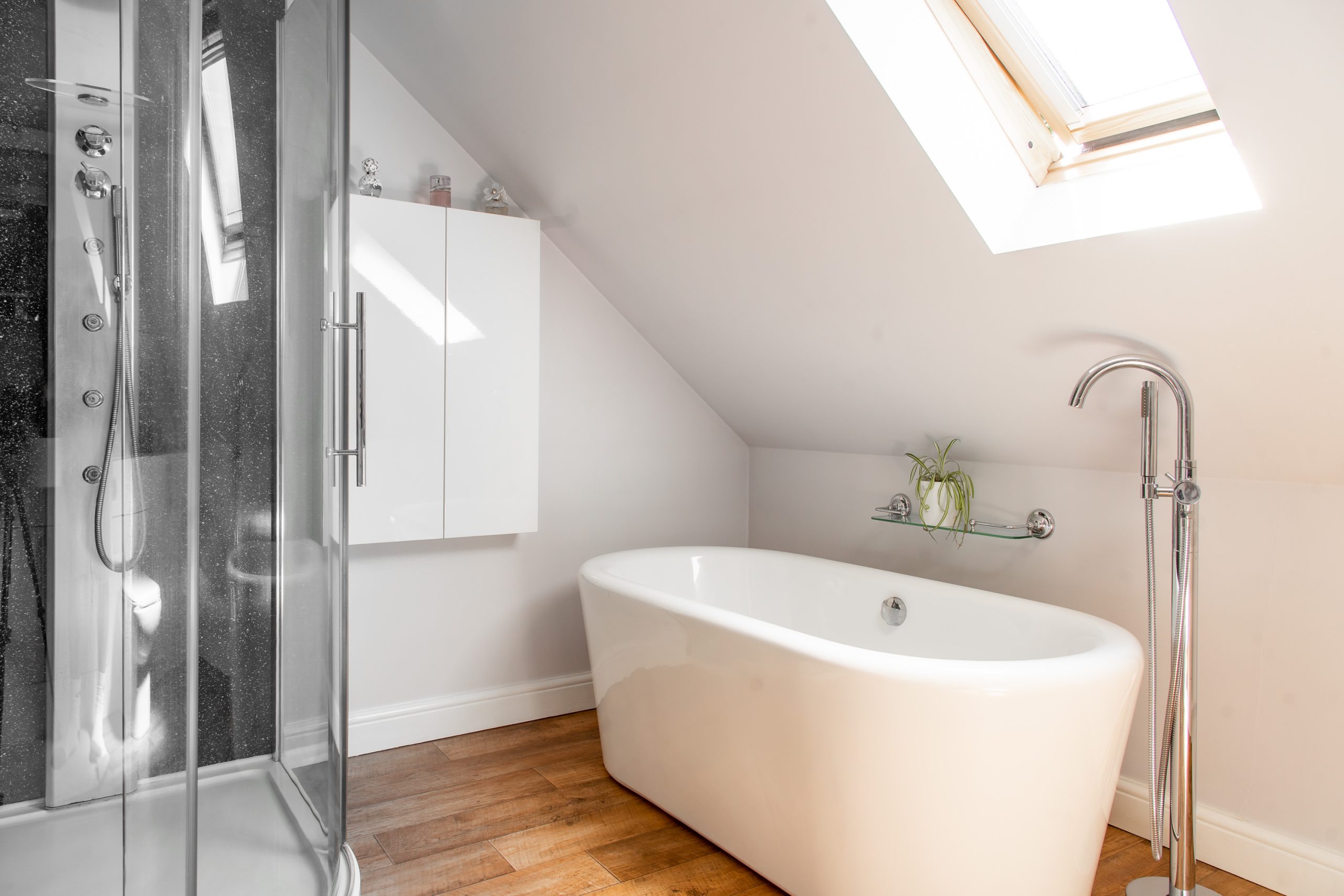 Bright and modern bathroom with a freestanding white bathtub beneath a slanted ceiling skylight. To the left, there's a curved glass shower enclosure, and above the bathtub, a small, wall-mounted cabinet and shelf with a plant. Light wood flooring throughout.