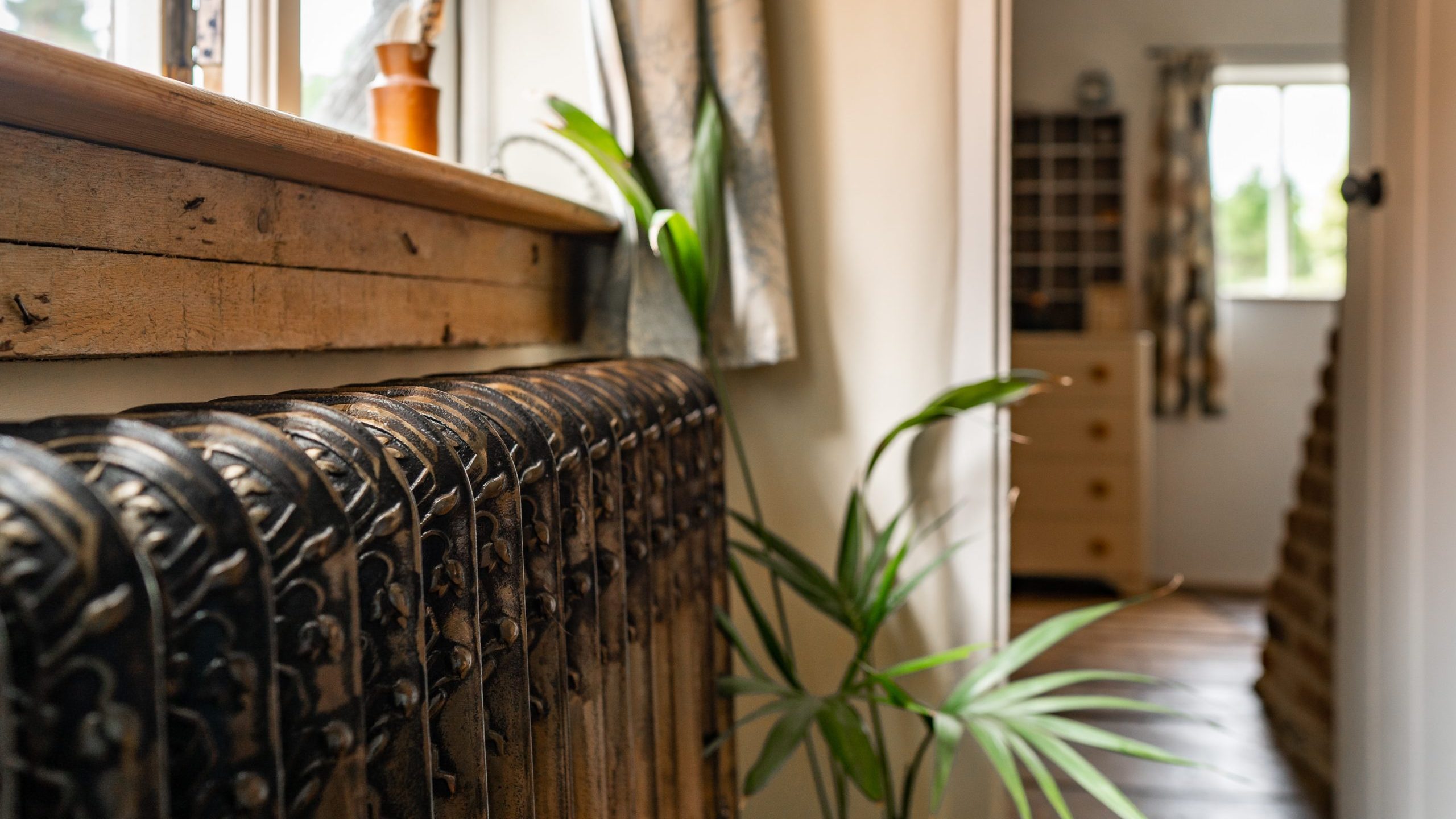 Close-up of an ornate, vintage radiator with a potted plant beside it. The scene is set in a warm, sunlit hallway near a window with wooden frames and trailing curtains, leading to a room in the background, partially visible and furnished with light wooden furniture.