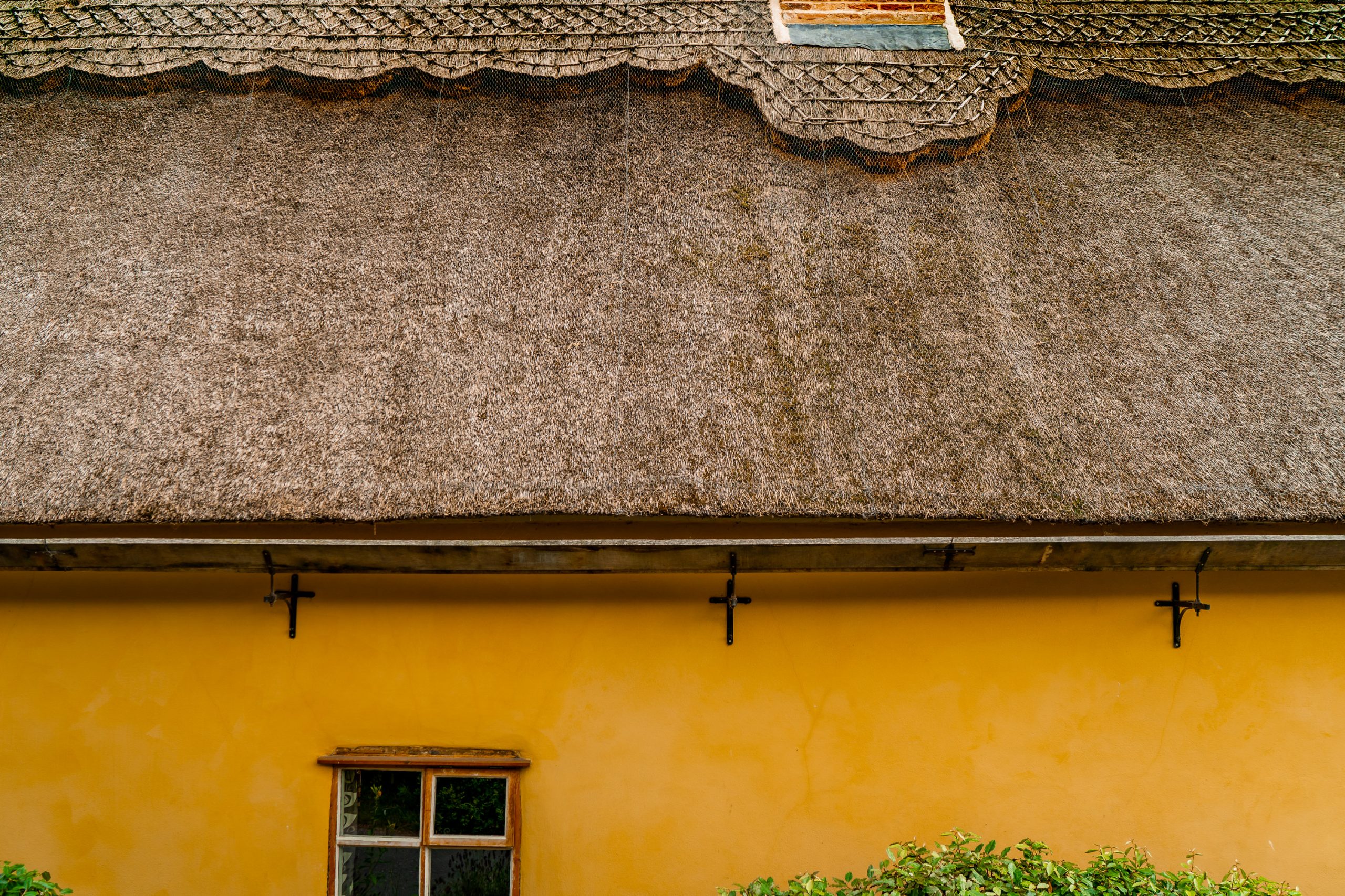 A rustic building with a thatched roof, yellow walls, and a small window. The roof has decorative scalloped edges. Bushes and greenery are visible at the bottom of the frame.
