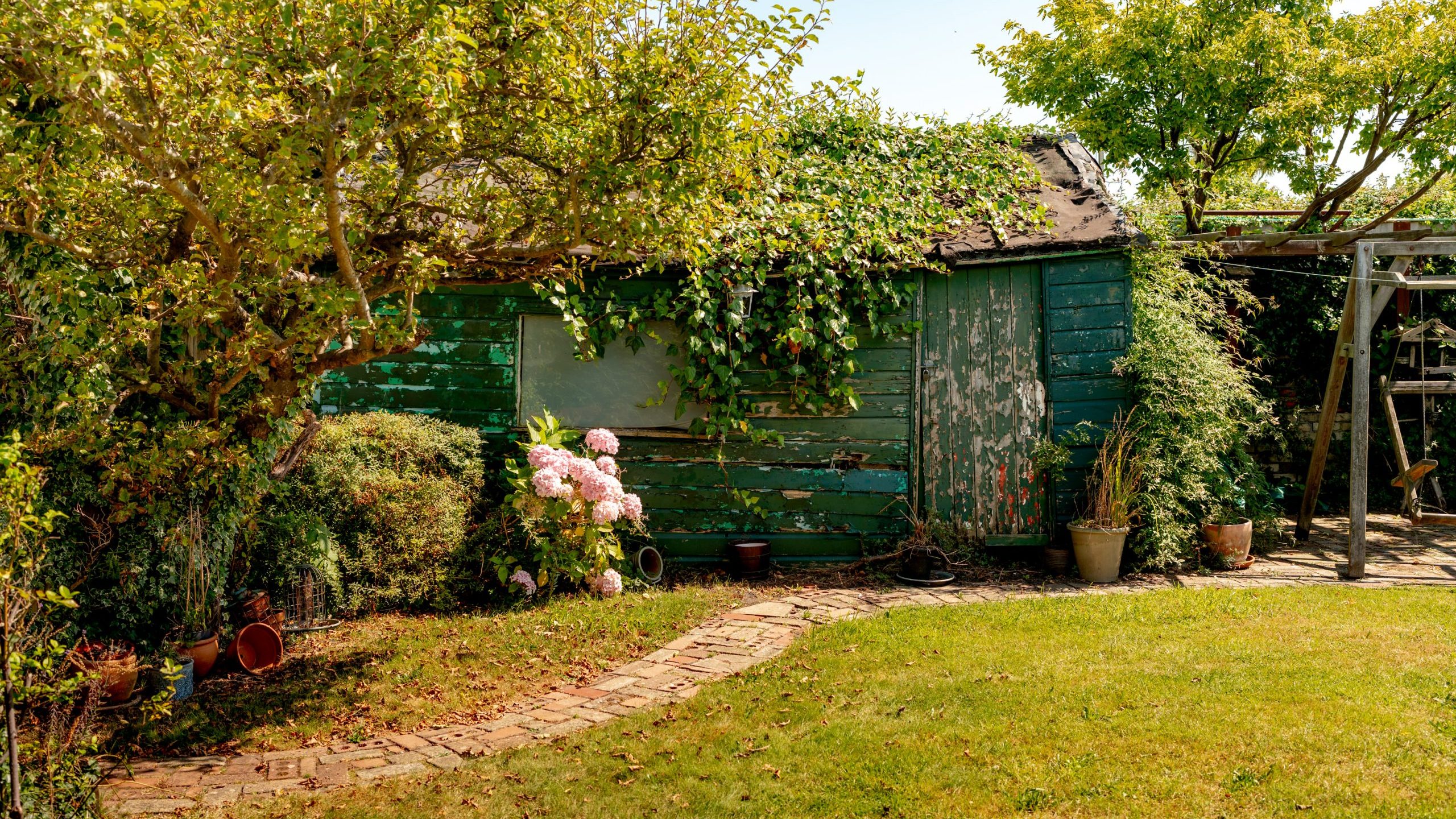 A small, green, weathered wooden shed is nestled among overgrown plants and trees in a garden. The shed has a stone path leading to it and potted plants around. Sunlight filters through the foliage, casting shadows on the grass. Pink flowers add a pop of color.
