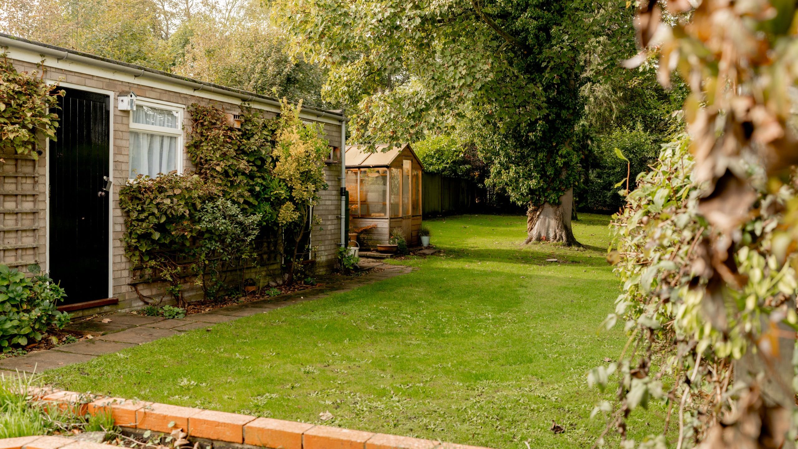 A lush garden with a well-maintained grassy lawn, bordered by brick steps and foliage. A large tree stands prominently, while a small shed and greenhouse are visible in the background. The scene is peaceful and green.