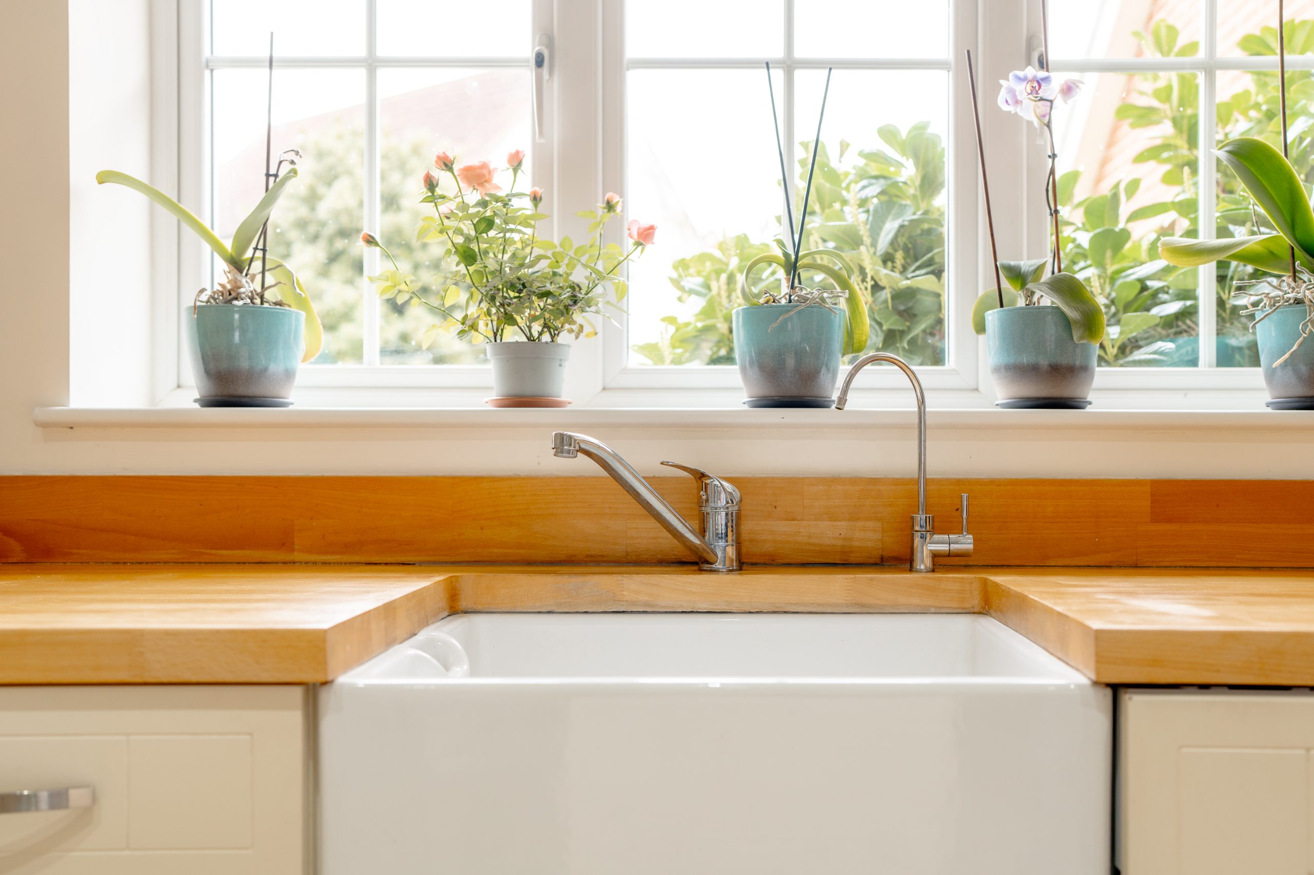 A bright kitchen features a white farmhouse sink set against wooden countertops. Several small potted plants line the windowsill, adding greenery in front of a sunny window with multiple panes.