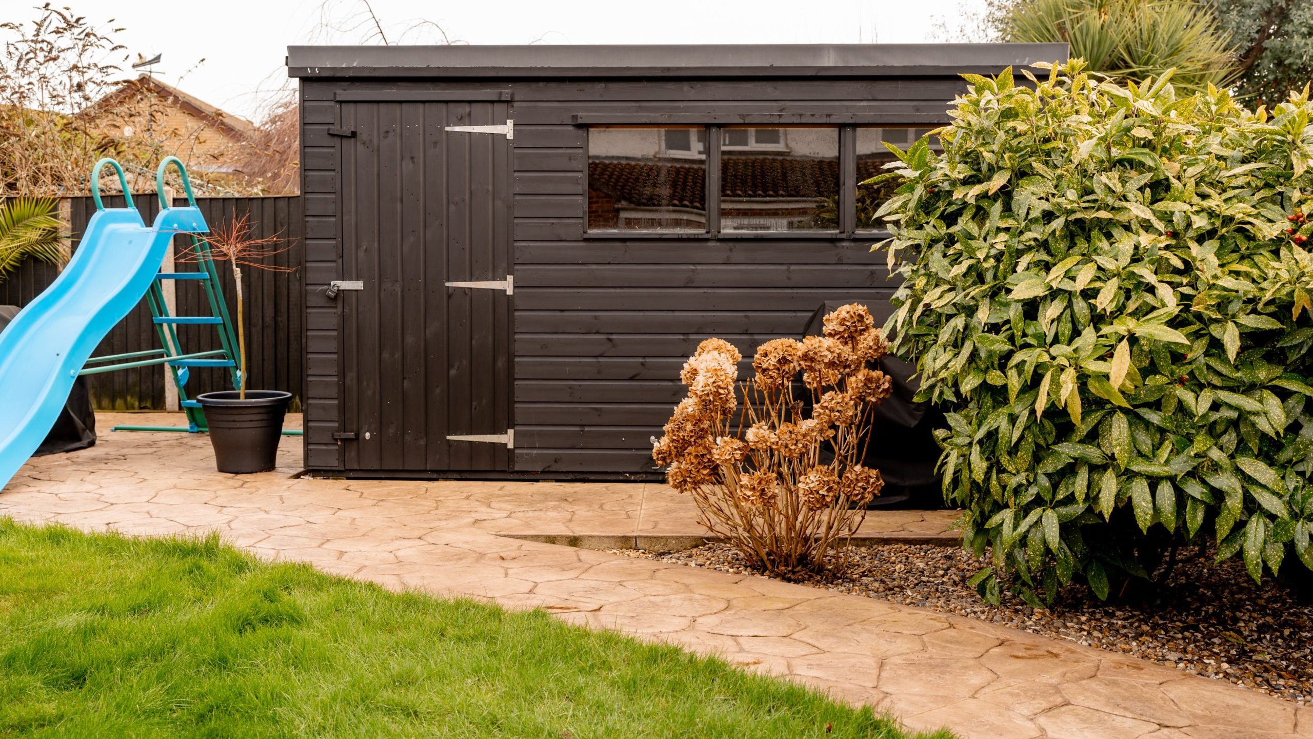 A backyard with a dark wooden shed, a blue slide on the left, a paved path, and green grass. Bushes and plants surround the shed, and a small potted plant is placed nearby.