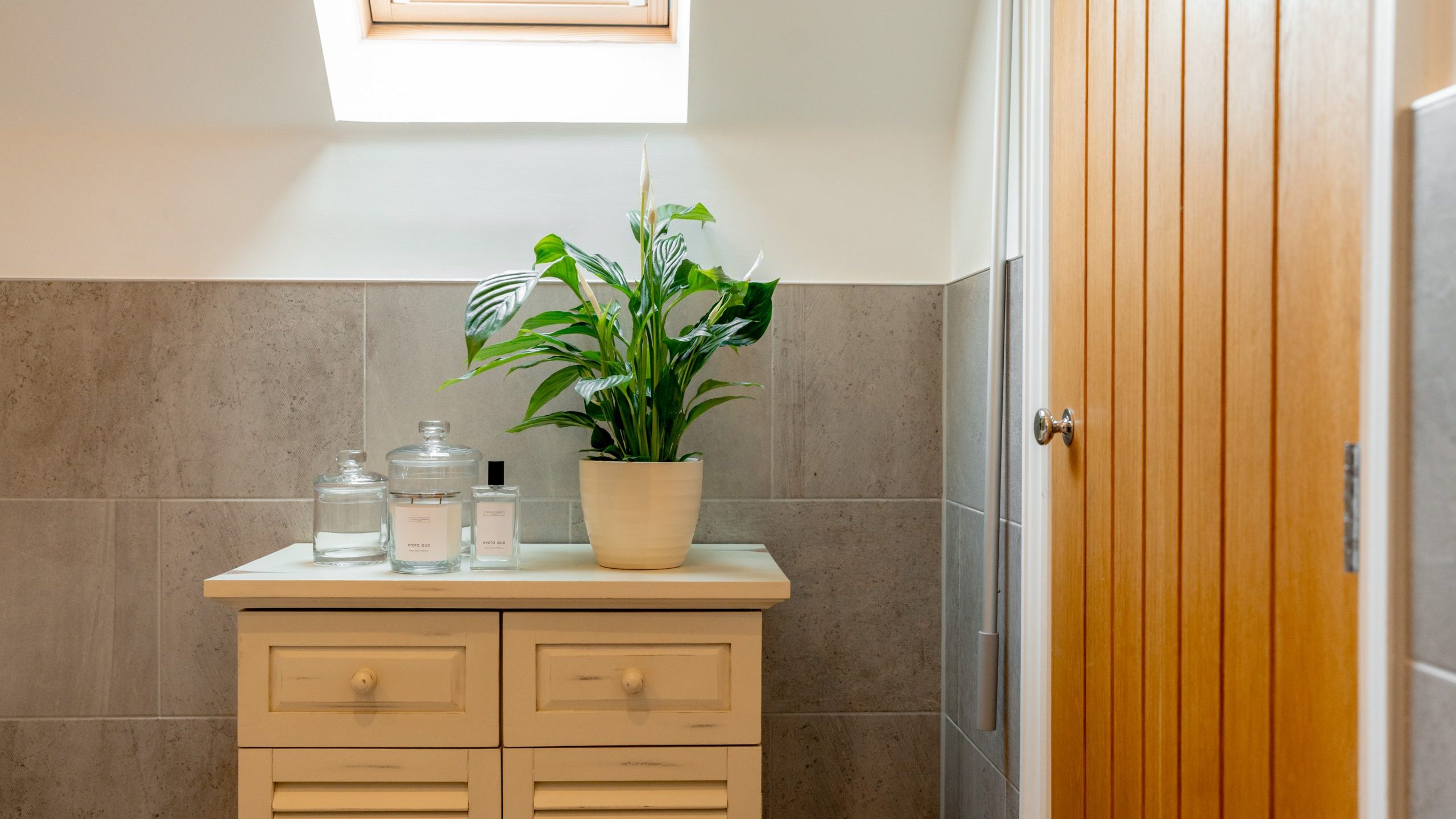 A bathroom features a wooden cabinet with two drawers, a potted plant, and two jars on top. The walls are tiled in gray, and a skylight above allows natural light inside. A wooden door is partially visible to the right.