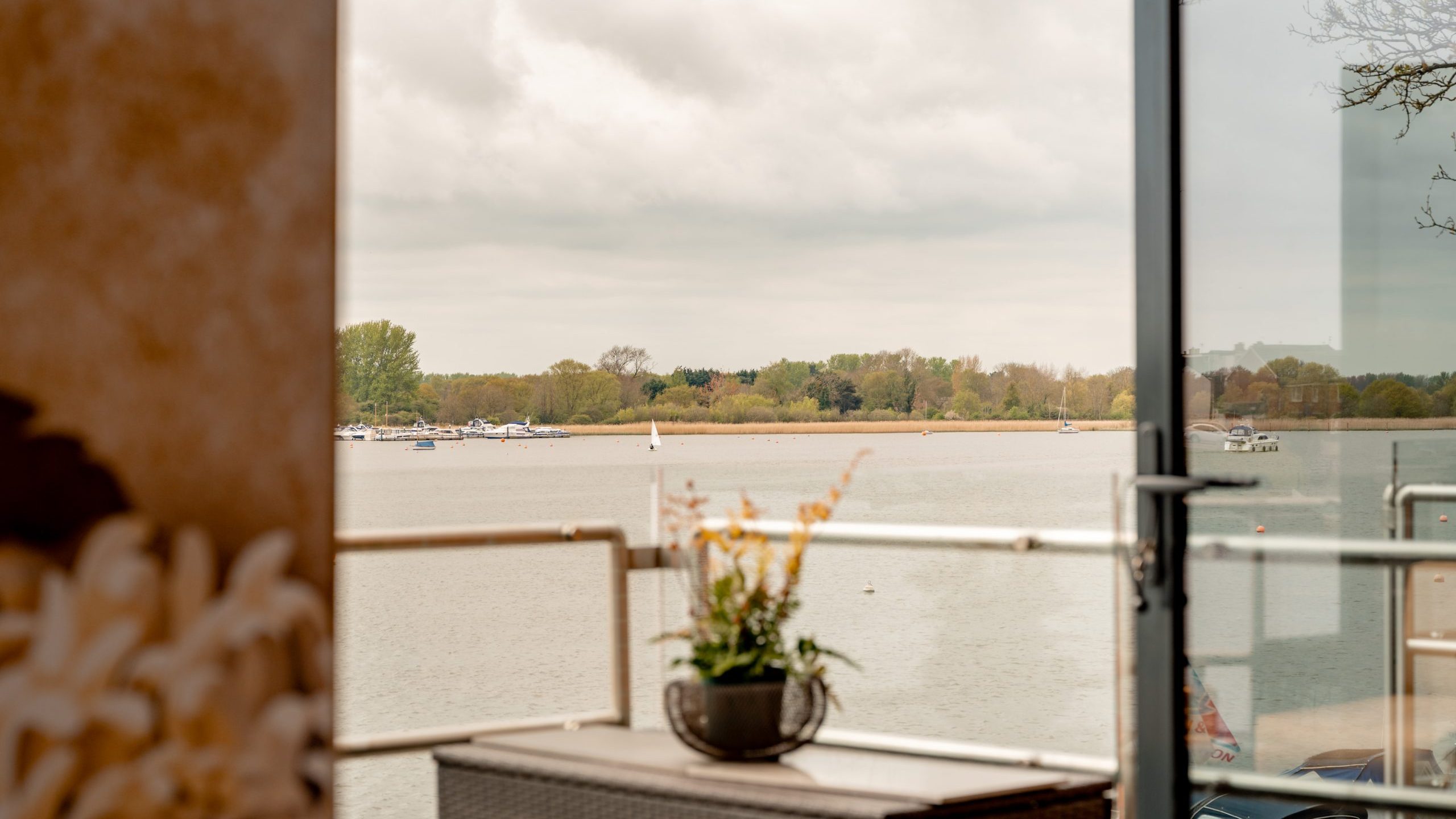 A potted plant sits on a balcony overlooking a calm river, with trees and boats visible in the distance under a cloudy sky. The scene is viewed through a glass door.