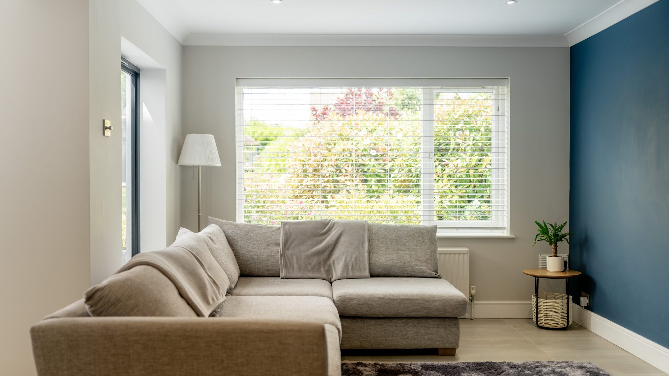 A modern living room with a gray sectional sofa, a floor lamp, a round side table with a plant, a large window with white blinds, and a blue accent wall. A patterned rug covers part of the light tile floor.