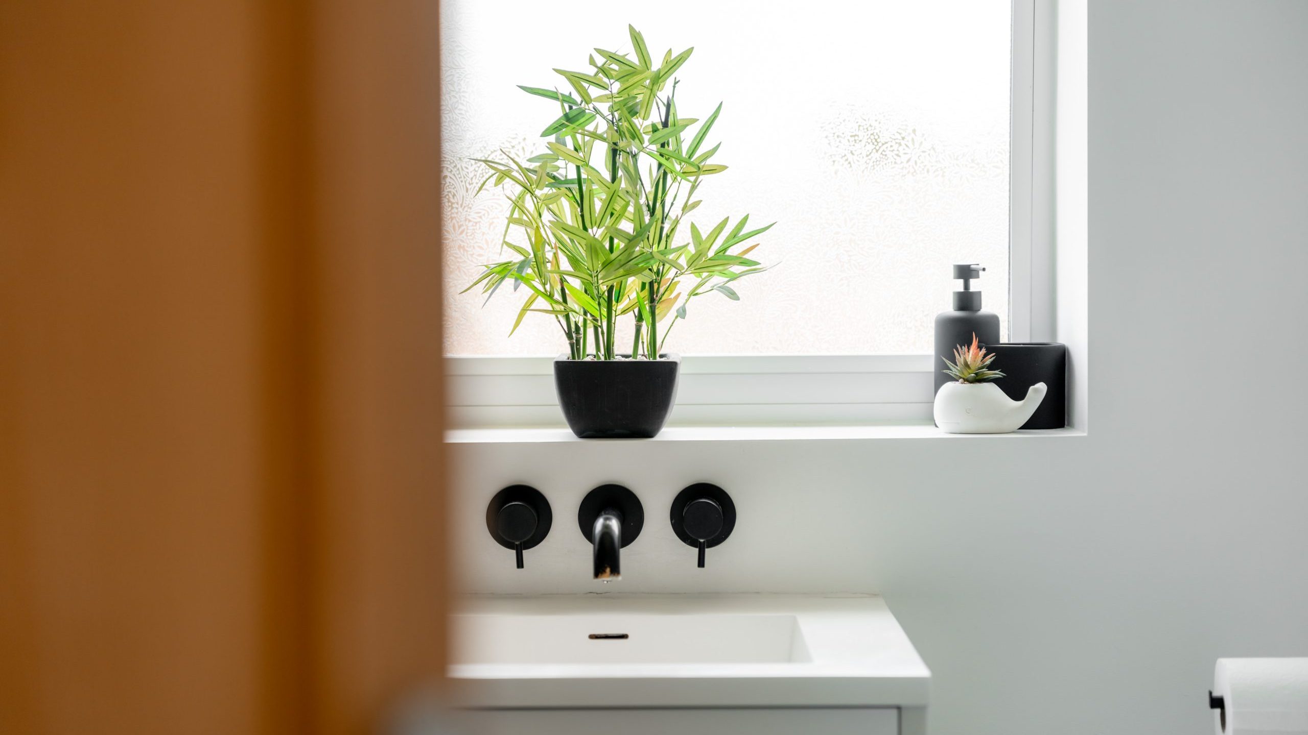 A modern bathroom with a white sink, black faucet and handles, a potted plant on the windowsill, a soap dispenser, a small succulent, and frosted glass window letting in natural light.