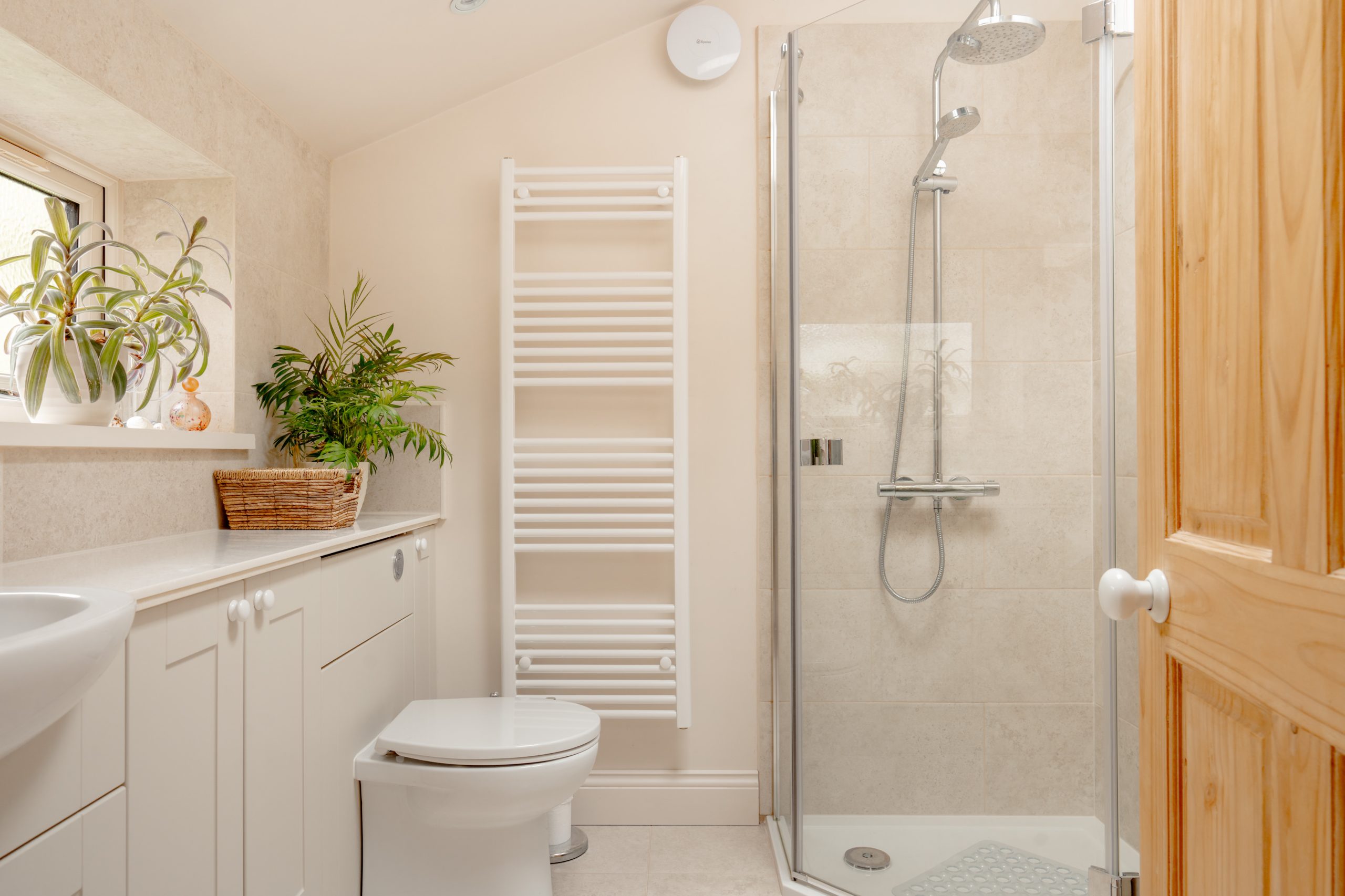 A bright bathroom with a glass shower, white toilet, towel radiator, wooden door, and countertop with potted plants by a window. The decor is neutral and tidy.