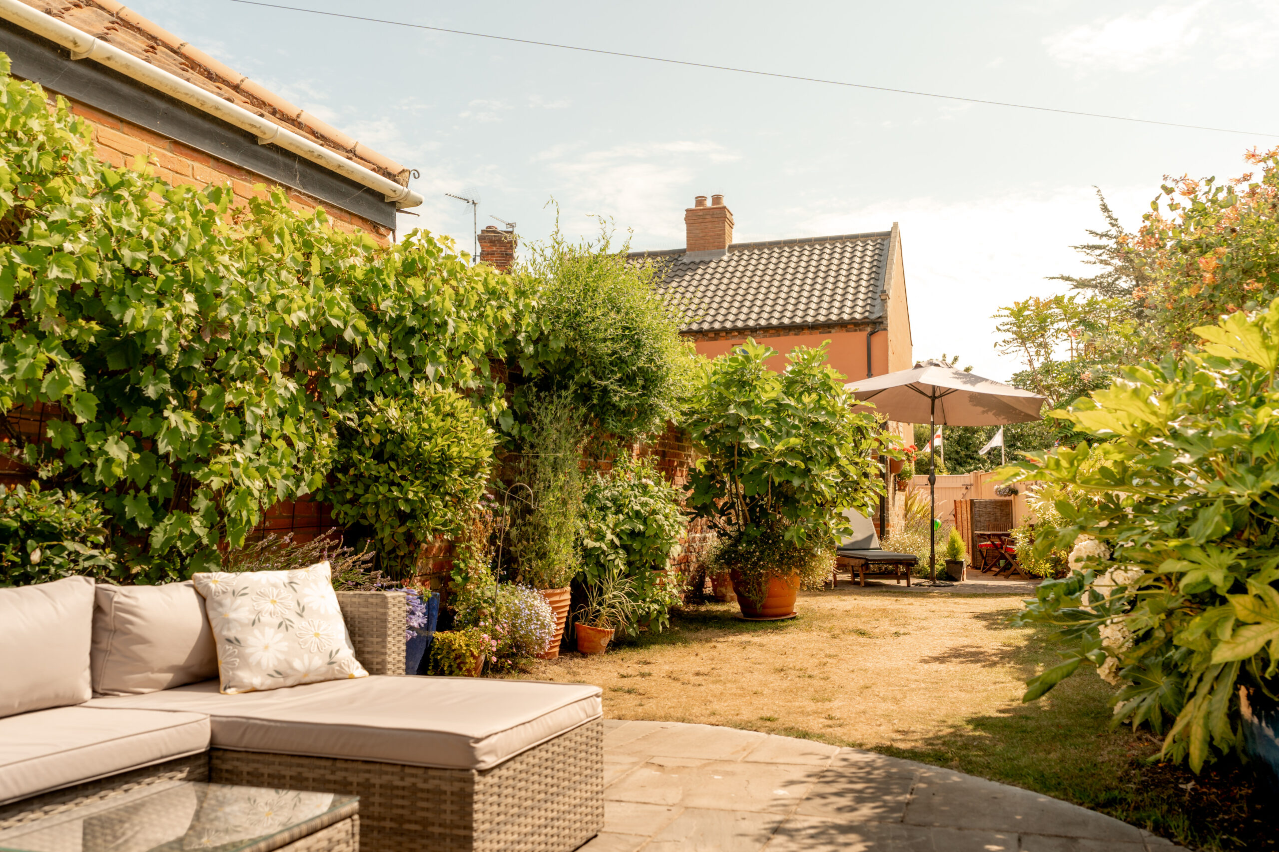 A sunny backyard with a cozy outdoor sofa, lush green plants, potted shrubs, a patio, and a parasol. A house with a tiled roof is visible in the background under a clear blue sky.