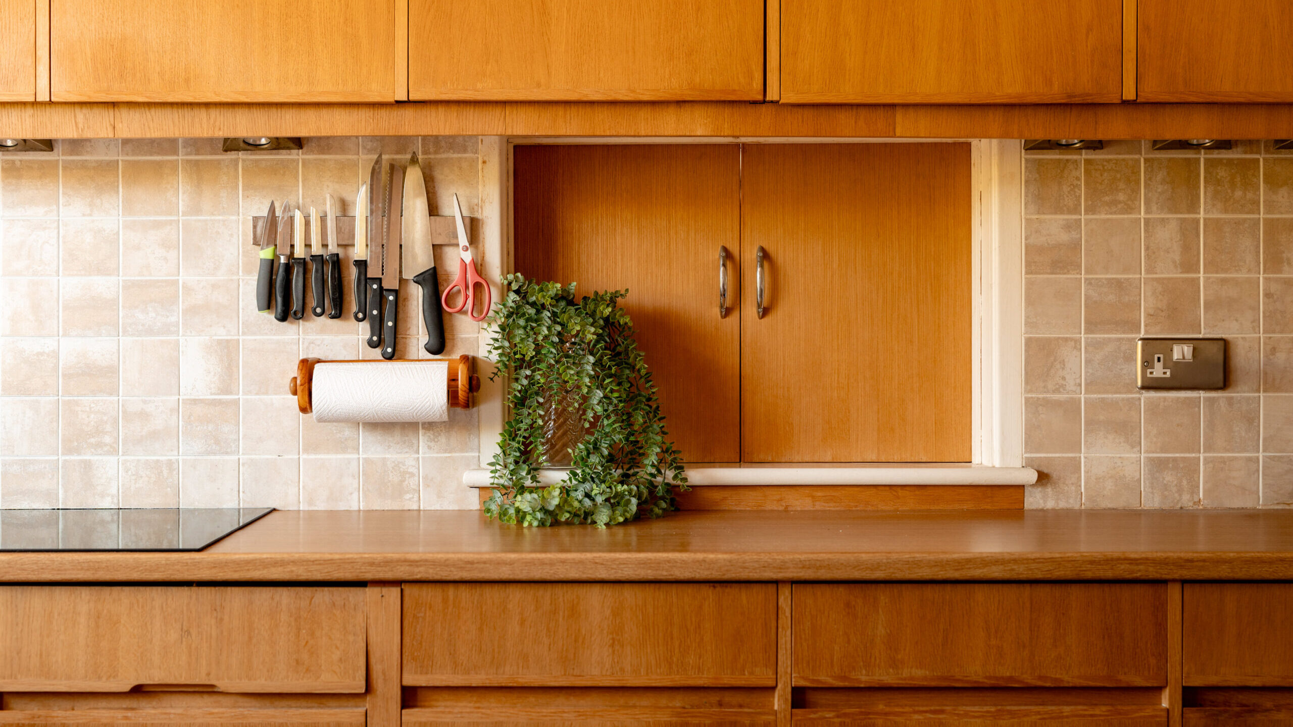 A tidy kitchen with light wood cabinets, beige tiled backsplash, knives and scissors hanging on a rack, paper towel holder, an electrical outlet, and a green leafy plant on the countertop.
