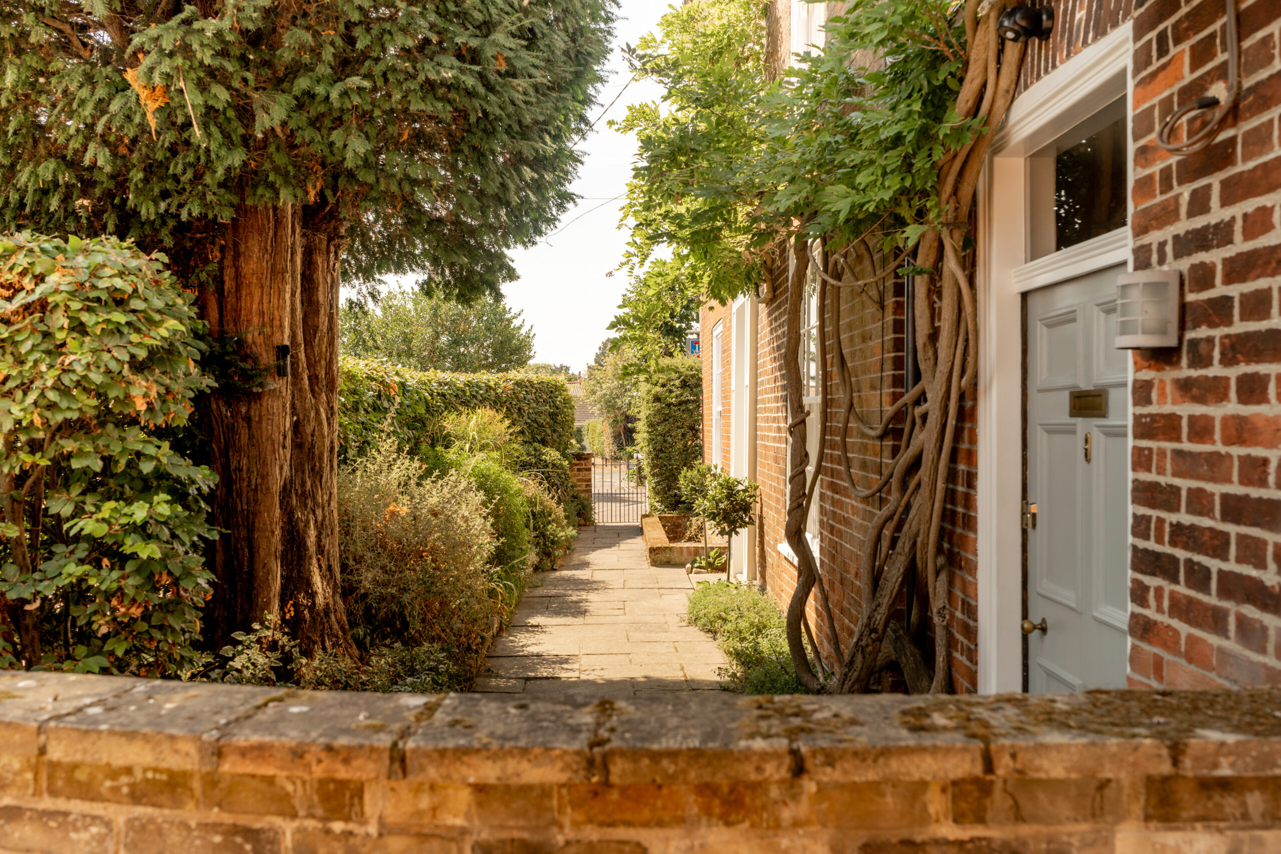A narrow stone path lined with greenery and bushes runs alongside a brick house with a white front door, leading to a small gate in the distance on a sunny day.