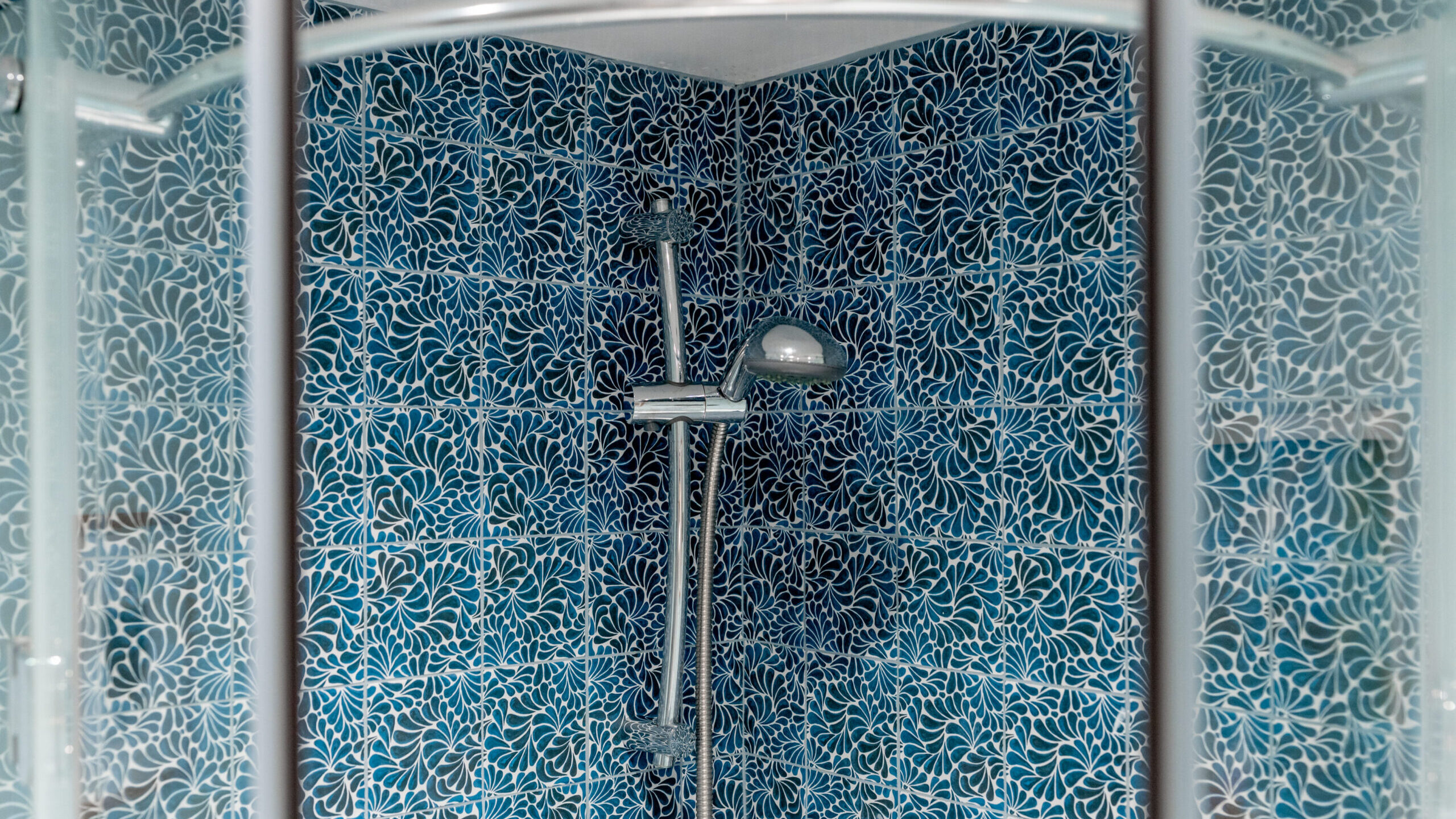 A modern shower with a handheld showerhead and blue patterned tiles, enclosed by glass doors.